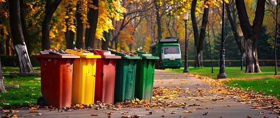 Fototapeta premium Autumn Leaves and Recycling Bins
