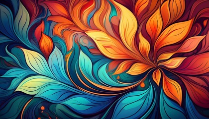 A vibrant abstract floral design with colorful, swirling leaves. The image is perfect for adding a touch of energy and vibrancy to any project.