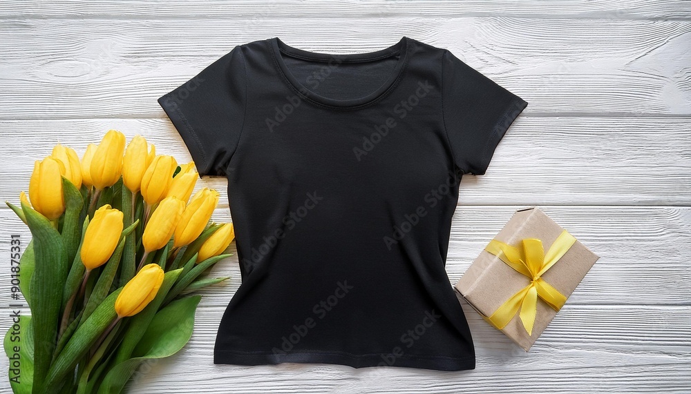 Wall mural Black tshirt mockup Template blank shirt top view White wooden background Mother women day holiday Yellow tulips Woman tshirt with birthday bouquet flowers Spring look Female accessories