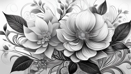 Close-up of a beautifully detailed monochrome floral illustration with intricate petals and leaves on a white background.