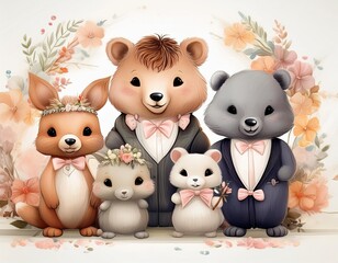 Naklejka premium Cute cartoon animals attending a wedding with floral decorations, Childlike, Pastel shades, Digital painting, Playful and charmingwhite background