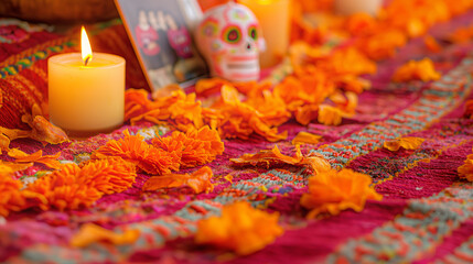 Fototapeta premium Vibrant Dia de los Muertos Altar with Cempasuchil Flowers and Candle