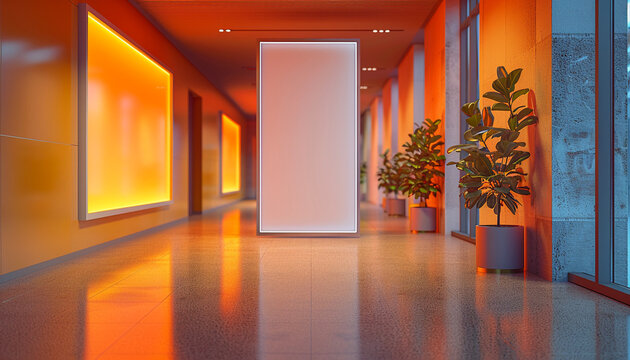 Modern lobby warm lighting with empty frame - Powered by Adobe