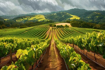 Naklejka premium Lush Vineyard Rows in Overcast Weather