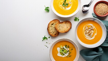 Flat-lay of creamy homemade soup in plates with bread slices over white plain table background, top view, copy space. Autumn Winter creamy vegan soups, vegetarian food menu, comfort fo