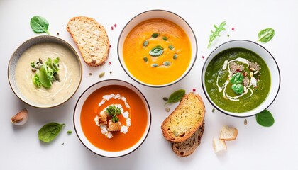 Flatlay of vegetarian creamy homemade soups variety with bread slices over white plain background top view Autumn and Winter creamy vegan soups fall and winter vegetarian food menu con