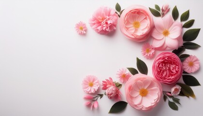 Flowers composition Frame made of pink flowers on white background Valentines Day background Flat lay top view copy space