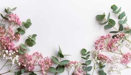 Fototapeta premium Flowers composition Frame made of of pink gypsophila flowers and eucalyptus branches on white background Flat lay top view copy space