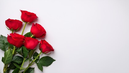 Obraz premium Flowers creative composition Bouquet of red roses rose plant with leaves isolated on white background Flat lay top view copy space