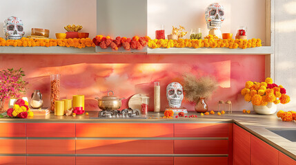 Vibrant Day of the Dead Altar with Traditional Decorations and Marigold Flowers