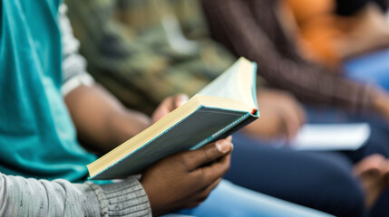 Close-up of a hand holding a book, blue, yellow, and grey,  a  focused  study session,  knowledge and learning. 
