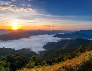 Fototapeta premium landscape and sky background concept nature of north Thailand fogladen valleys wintery mountain passes of Mae hong son province top view on the mountain sunrise and sunset