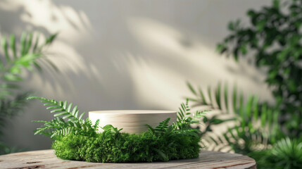 Product banner, podium platform with geometric shapes and nature background, paper illustration, and 3d paper. -