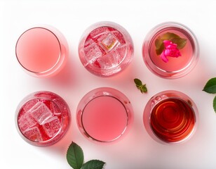 Rose soda variety layout Flatlay of rose soda in various glasses over plain white background top view Summer drink for party soda shop or soda tasting concept