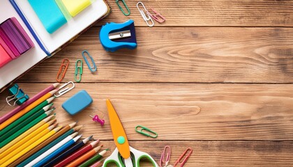 School stationery on wooden background Back to school creative layout template with copy space Flat lay top view overhead