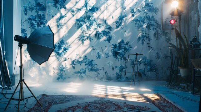 Photography studio with artistic backdrop and lighting