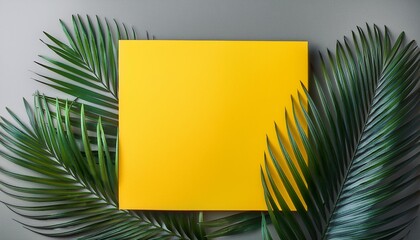 Summer composition Tropical palm leaves yellow paper blank photo frame on pastel gray background Summer concept Flat lay top view copy space