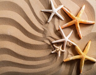 Plakat Summer sea or beach concept Starfishes on sand Top view Copy space Banner