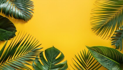 Tropical palm leaves on yellow background Summer concept Flat lay top view copy space