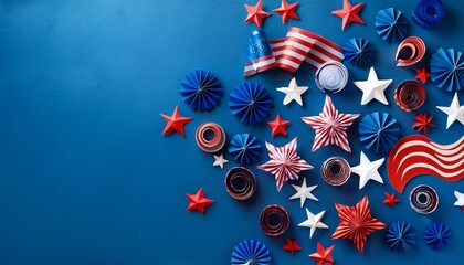 Fototapeta premium USA Independence day concept Red and blue spirals and white stars elements of USA flag top view flat lay on blue background