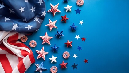 USA Independence day concept Red and blue spirals and white stars elements of USA flag top view flat lay on blue background