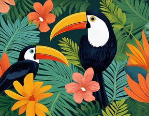 Fototapeta premium Vibrant tropical floral pattern with toucan and parrot amidst lush leaves. Perfect for summer designs.