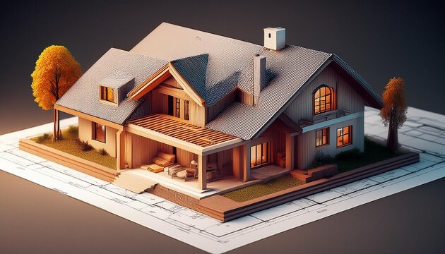 Volumetric project of house Layout of a house with an open roof Miniature layout of a cottage top view Building model as a symbol of architectural business Design in architectural bure