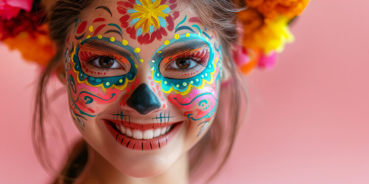 Vibrant Dia de los Muertos Sugar Skull Makeup on Joyful Young Woman