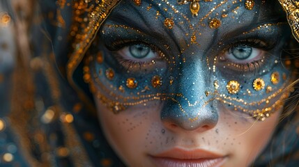 Woman with blue and gold face paint, looking elegant and mysterious.