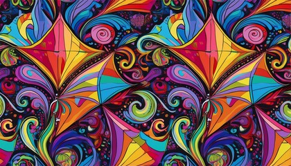 Psychadelic theme Kites seamless pattern. Flying kites background. Retro fabric style. Vector illustration
