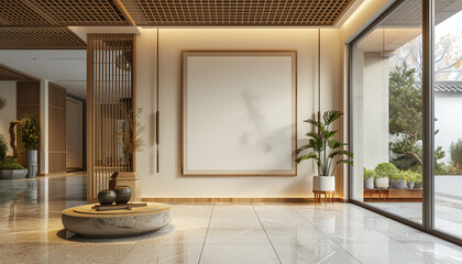 Modern lobby with bold patterns with empty frame