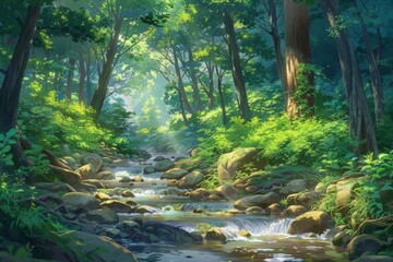 Fototapeta premium Serene Forest Stream with Sunlight Filtering Through the Lush Green Canopy