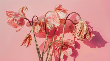 Wilted tulips on pink backdrop