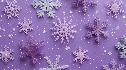 Snowflake pattern with glitter on purple background for Christmas concept viewed from above