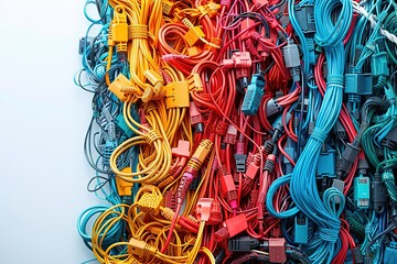 A bunch of tangled wires in various colors