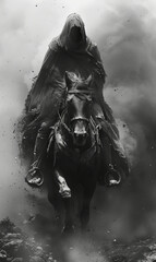 Fototapeta premium hooded warrior on horseback. Realistic. Riding into battle. Roman greek aesthetic.generative ai