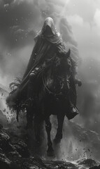 Fototapeta premium hooded warrior on horseback. Realistic. Riding into battle. Roman greek aesthetic.generative ai