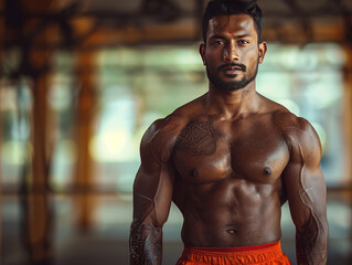 Fototapeta premium Heavyset fat obese guy, 23 yo, south east asian indian, dark skin, hairy,generative ai