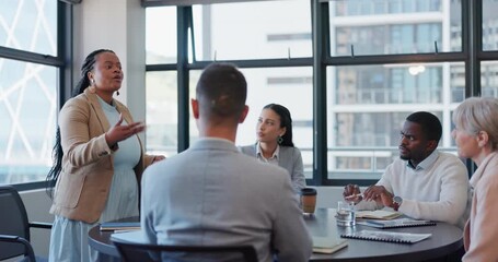 Business, black woman and leadership in meeting, presentation or team discussion in office. Manager planning feedback in seminar of company collaboration, workshop or report proposal of project ideas