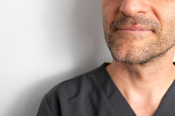 Closeup Male Mouth With Herpes Simplex Virus Infection On Skin, Lips. White Background. Copy Space For Text. Mature Man With Mustache And Beard Suffer From Painful Oral Hsv, Blister. Horizontal.