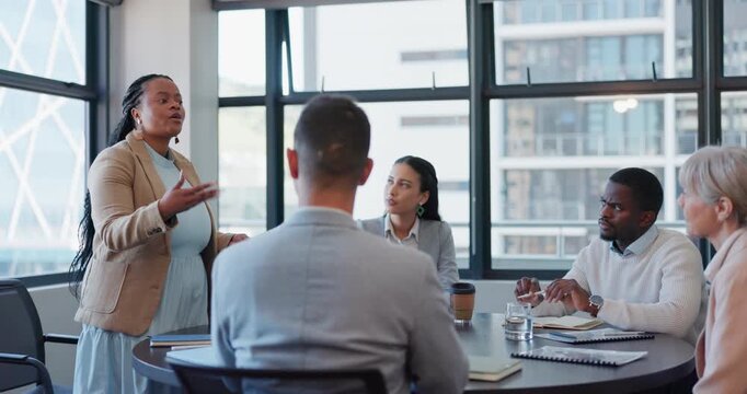 Business, black woman and leadership in meeting, presentation or team discussion in office. Manager planning feedback in seminar of company collaboration, workshop or report proposal of project ideas