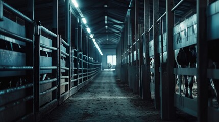 Obraz premium A dark, empty, and dimly lit barn with a few cows in it