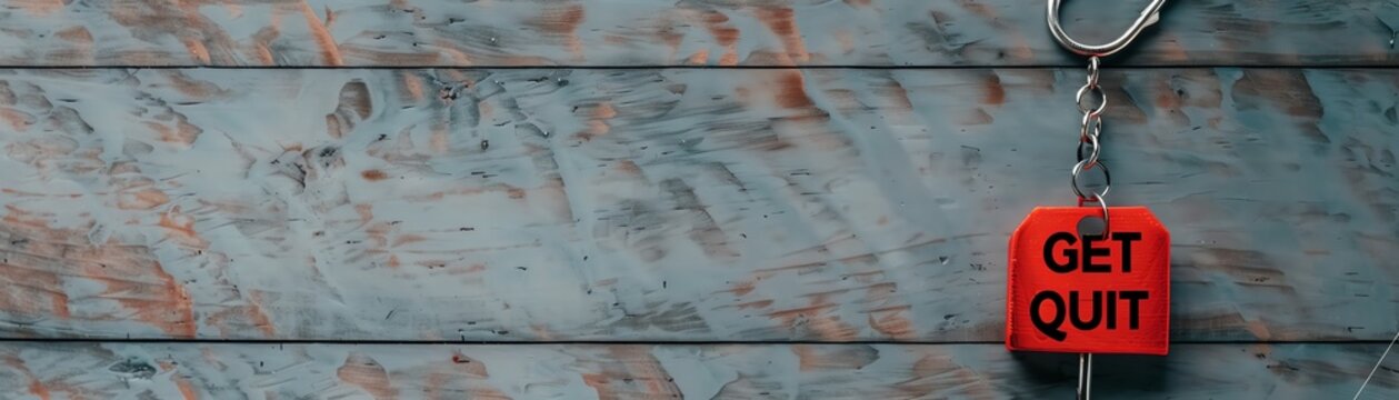 Red keychain with the words 'Get Quit' on a wooden background.