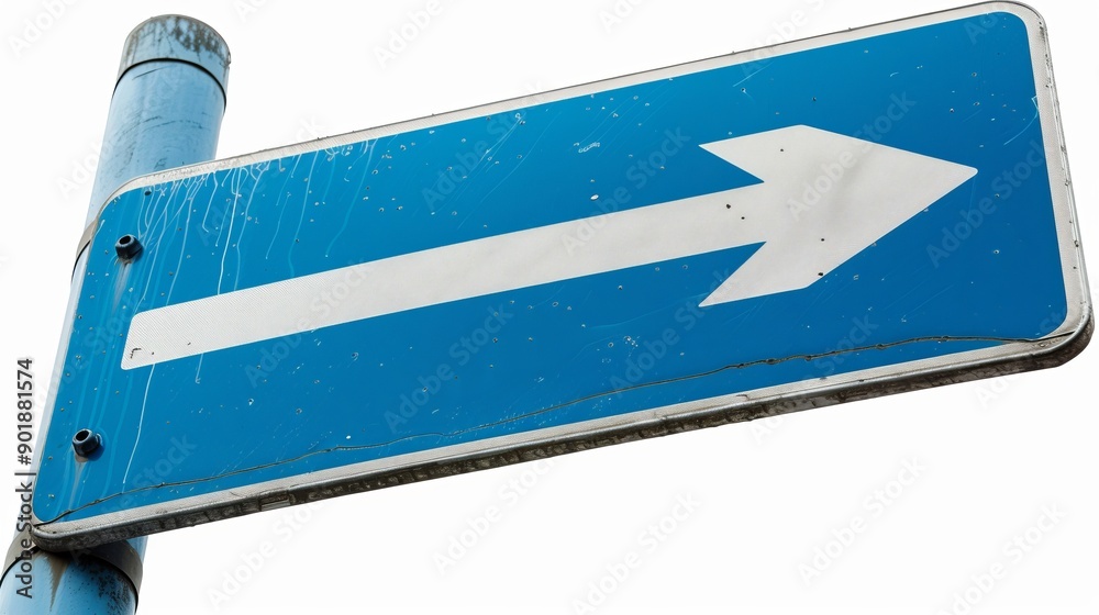 Wall mural blank blue traffic sign featuring a white arrow, set against a white background