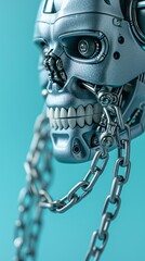 Fototapeta premium Closeup of a metallic robot skull with chains, blue background