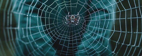 Obraz premium Close-up of a spiderweb with a spider in the center.