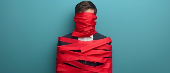 Man completely wrapped in red tape, standing against a blue background.