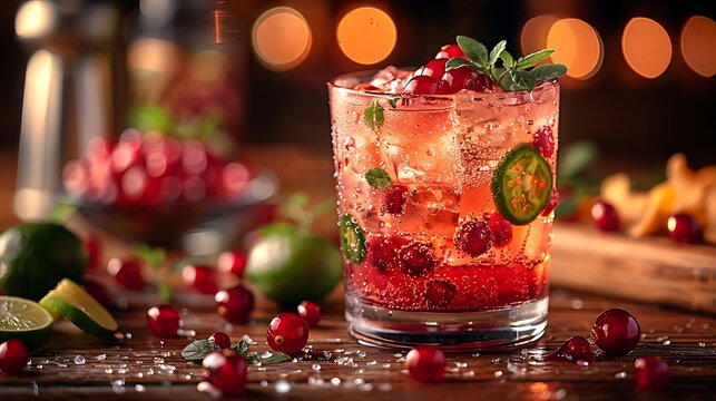 a glass of red drink with a jalapeno and berries.