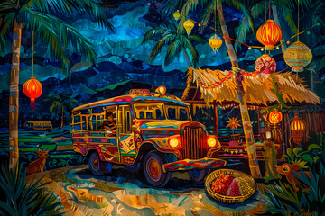 symbols of the Philippines. Include elements such as a jeepney, a traditional bahay kubo house, a plate of adobo, a tarsier, the Chocolate Hills, and a parol (Christmas lantern). 