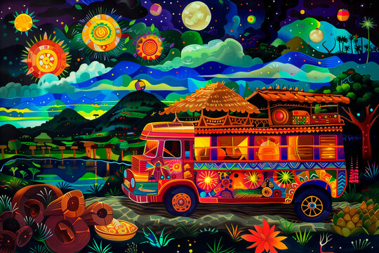 symbols of the Philippines. Include elements such as a jeepney, a traditional bahay kubo house, a plate of adobo, a tarsier, the Chocolate Hills, and a parol (Christmas lantern). 